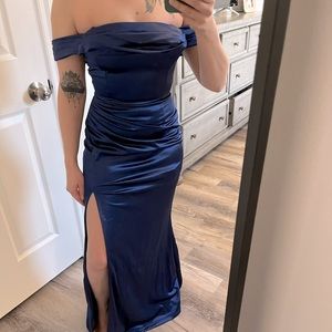 Beautiful satin blue dress with slit